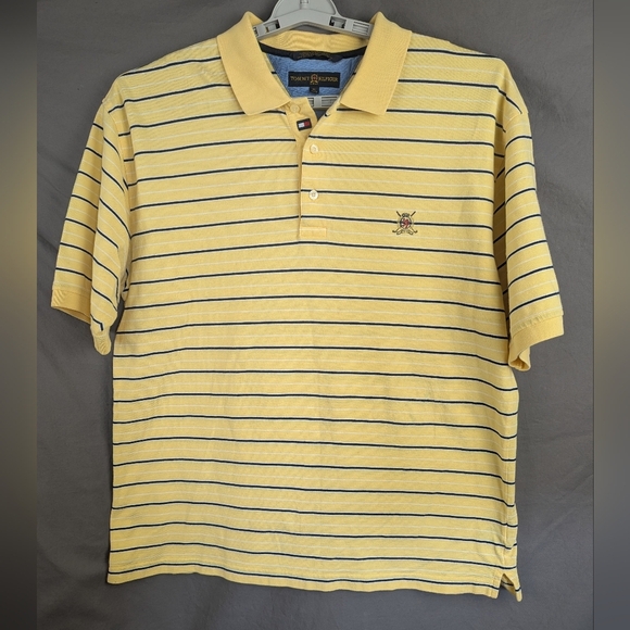 Tommy Hilfiger XL Polo With Embroidered Crest Yellow With Blue Stripes - Picture 1 of 11